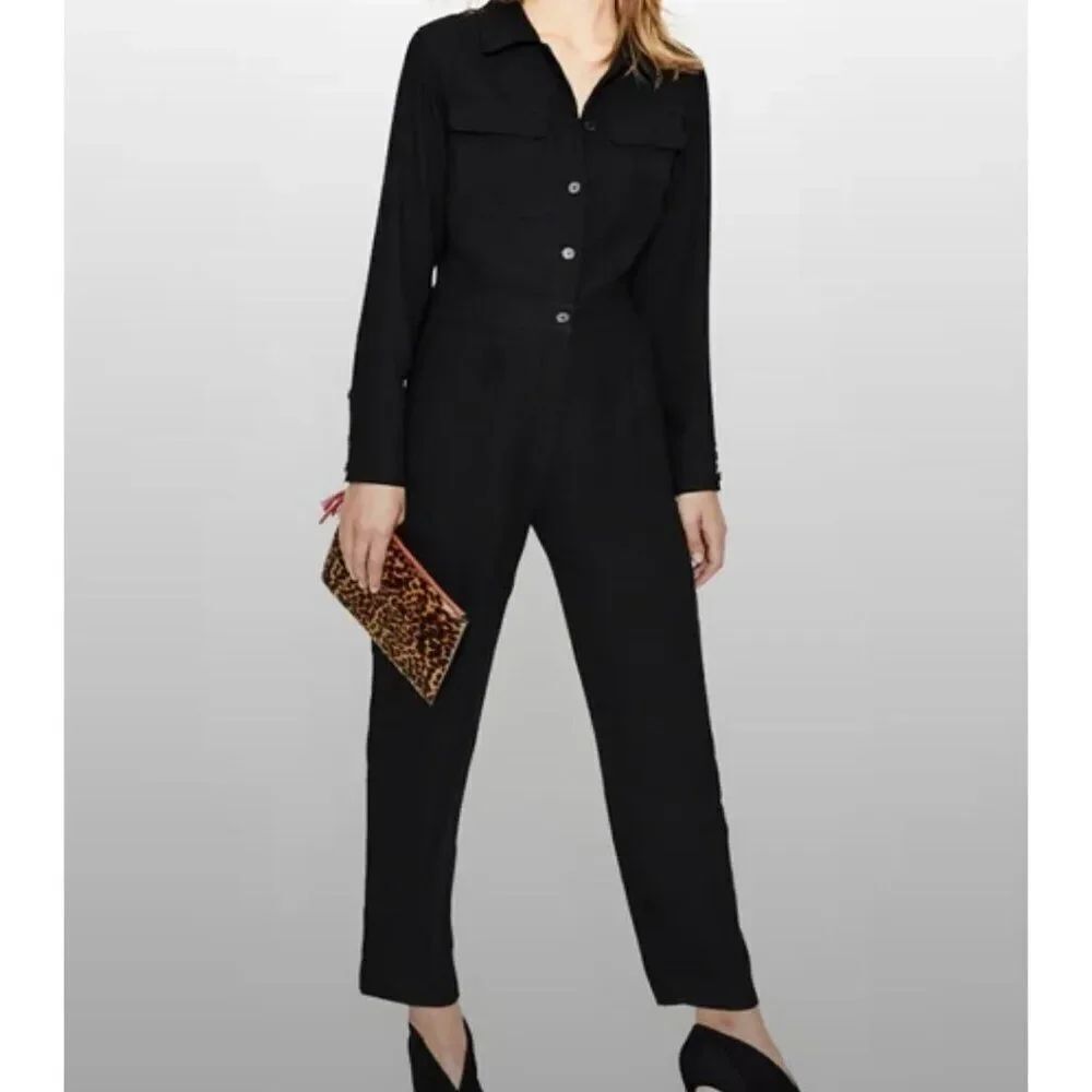 Boden Womens Zada Jumpsuit UK 6P US 2P Black Button Up Long Sleeve NWT